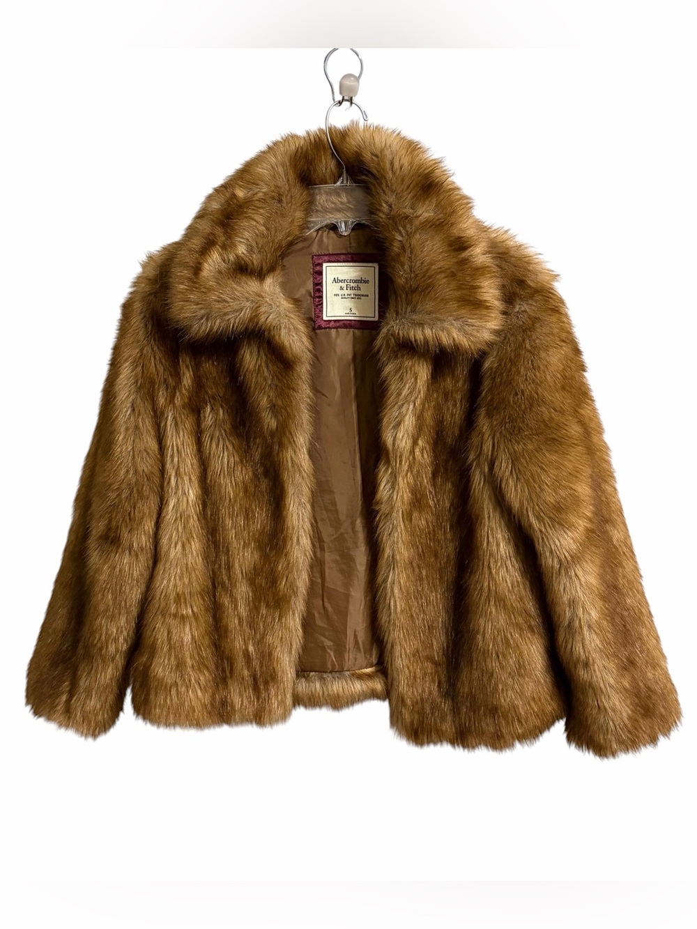 Abercrombie & Fitch Faux Fur Cropped Collared Jacket Womens S Brown Soft Cozy